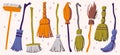 Broom flat icons set. Long-handled brush of bristles or twigs for sweeping. Housekeeping cleaning tool