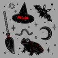 Broom, hat, moon, bat, frog hand drawn vector illustration. Halloween vector set. Collection of halloween attributes and symbols