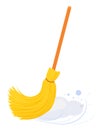 Broom with long wooden handle sweeping floor