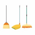 Broom, mop and dustpan vector cartoon flat icons. Household and house cleaning tools concept. Set of cleaning house supplies Royalty Free Stock Photo