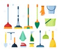 Broom pictures. hygiene cleaning service items domestic tools brushes plastic buckets towels sweeping vector supplies
