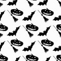 Broom and pumpkin bats monochrome seamless pattern vector illustration Royalty Free Stock Photo