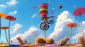 A broom riding a unicycle and balancing a stack of plates on its head as part of a wacky obstacle course in the