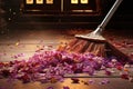 broom sweeping a floor with a trail of flower petals