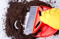 Broom sweeping soil on the floor close up. Royalty Free Stock Photo