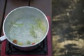 Broth is hot and boiling, Camping style cooking