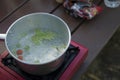 Broth is hot and boiling, Camping style cooking