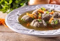 Broth with liver dumplings made from beef liver, bread, eggs and parsley cooked in beef broth