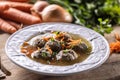 Broth with liver dumplings made from beef liver, bread, eggs and parsley cooked in beef broth