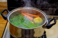 Broth in a pot vegetable ingredients for a soup Royalty Free Stock Photo