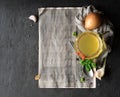 Broth recipe background. Bone broth made from chicken in a glass jar Royalty Free Stock Photo