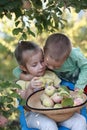 Brother hugging sister with apples