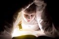 Brother are reading a book under a blanket with flashlight. Pretty young boy having fun in children room. Royalty Free Stock Photo