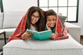 Brother and sister covering with blanket reading book lying on sofa at home