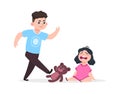 Brother and sister. Domestic violence, boy offends girl. Isolated little baby cries, angry guy kicks toys vector