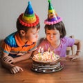 Brother and sister eating a birthday cake with candles blowing out and hugging.