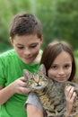Siblings play and cuddle with their little cat Royalty Free Stock Photo