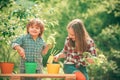 Brother and sister grows flowers together. Planting flowers. Childchood and outdoor leisure concept.