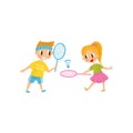 Brother and sister playing badminton. Two cheerful friends. Little boy and girl having fun together. Outdoor activity