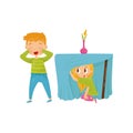 Brother and sister playing hide-and-seek. Girl hiding under table. Boy closing eyes with his hands. Flat vector design Royalty Free Stock Photo