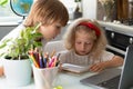 brother and sister study at home at laptop, children and gadgets