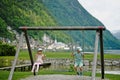 Brother with sister swinging in playground at Hallstatt, Austria Royalty Free Stock Photo