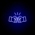 brotherhood hands outline blue neon icon. Elements of friendship line icon. Signs, symbols and vectors can be used for web, logo,
