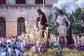 Brotherhood of Jesus corsage making station of penitence in front at the town hall, Linares, Jaen province, Andalusia, Spain
