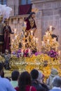 Brotherhood of Jesus corsage making station of penitence in front at the town hall, Linares, Jaen province, Andalusia, Spain