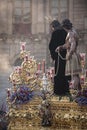 Brotherhood of Jesus corsage making station of penitence in front at the town hall, Linares, Jaen province, Andalusia, Spain