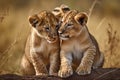 Brotherly Love Lion Cubs Photo Animals Generative AI.