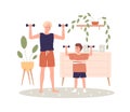 Brothers doing strength exercises at home. Family training together. Happy boys, teenager and kid, with dumbbells during