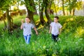 Brothers play with a model airplane in a beautiful evening park Royalty Free Stock Photo