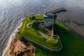 Brotie Castle on the banks of the River Tay at Brotie Ferry, Dundee, Scotland. View from above
