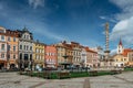 Broumov, Czech Republic - May 21,2021. Historical town center with colorful houses in northeast of Bohemia.Main square with Marian