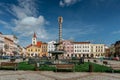 Broumov, Czech Republic - May 21,2021. Historical town center with colorful houses in northeast of Bohemia.Main square with Marian