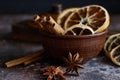 Broun bowl with mulled wine flavoring: cinnamon, star anise, orange skins