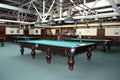 Brovary. Ukraine. 07.09.2008 The interior of the billiard room, with green tables and lamps above them