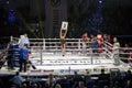 Brovary. Ukraine, 14.11.2015 Ring girl is in the center and boxers are in corners inside boxing ring