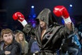 Brovary. Ukraine, 14.11.2015 A professional boxer Anyanva in a black boxing robe before boxing match