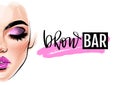 Brow bar logo. Vector beautiful woman face. Girl portrait with long black lashes, brows, sexy lips