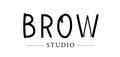 Brow Studio. Hand drawn lettering logo with illustration eyebrow tweezers . Minimalizm design for greeting card, poster