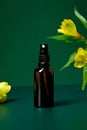 Brown amber glass spray bottle and flowers on green background. Cosmetic product branding design