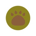 Brown animal paw print isolated on green circle.hiking collection