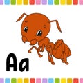 Brown ant. Animal alphabet. Zoo ABC. Cartoon cute animals isolated on white background. For kids education. Learning letters. Royalty Free Stock Photo