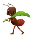 Brown ant carries leaf. Wildlife object. Little funny insect. Cute cartoon style. Isolated on white background. Vector