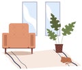 Brown armchair, potted plant on carpet with cat. Living room furniture design, modern home interior