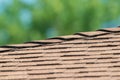 Brown asphalt shingled roof and ridgeline of garage