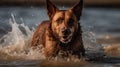 Brown Australian Kelpie dog playing in the water and looking straight forward. Swimming dog getting wet Royalty Free Stock Photo