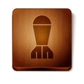 Brown Aviation bomb icon isolated on white background. Rocket bomb flies down. Wooden square button. Vector